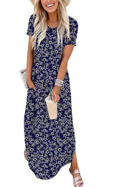 Women's Floral Blue Summer Maxi Dress Short Sleeve Casual Split Beach T Shirt